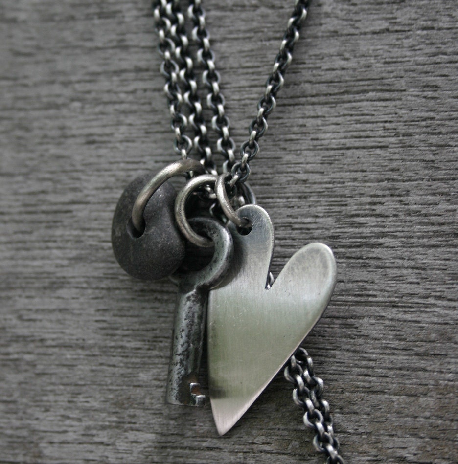 Sterling Silver Heart Charm Necklace Vintage Key Lake Erie Beach Stone - All Yours