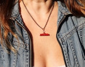 Closeout SALE  Vintage charm Necklace 1pcs Red enamel cracker jack prize choo choo Train metal charm chain found object jewelry cute t70