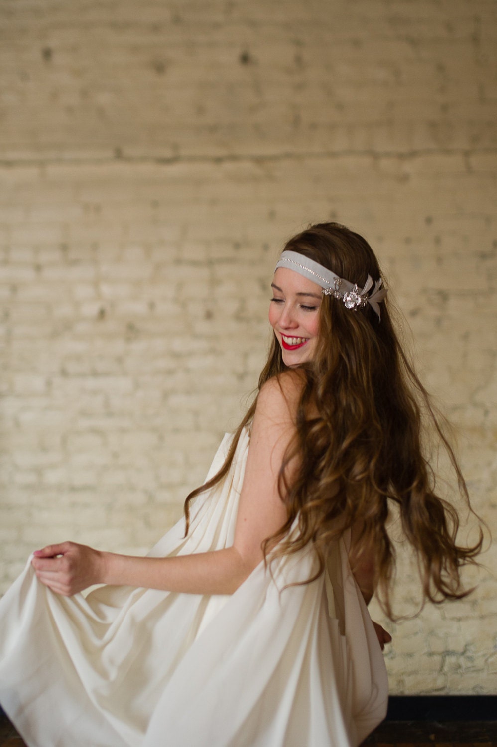 Gatsby Bridal Wedding Rose Flower Headband - 1920s' inspired Charleston Silk, Feathers and Silver Rhinestone Headband