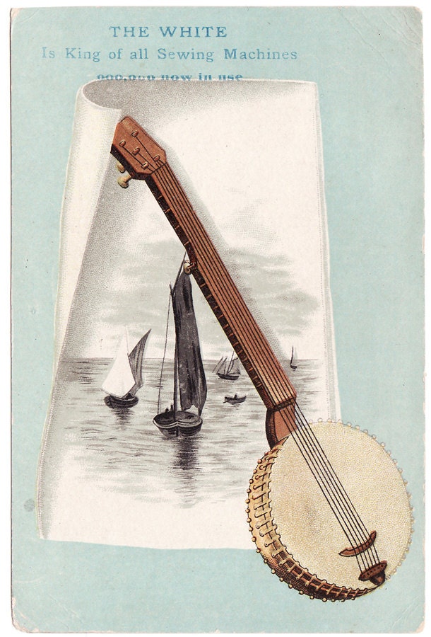 Antique Trade Card Ad for Sewing Machines with Banjo on Cover - for Expos 1888 and 1889