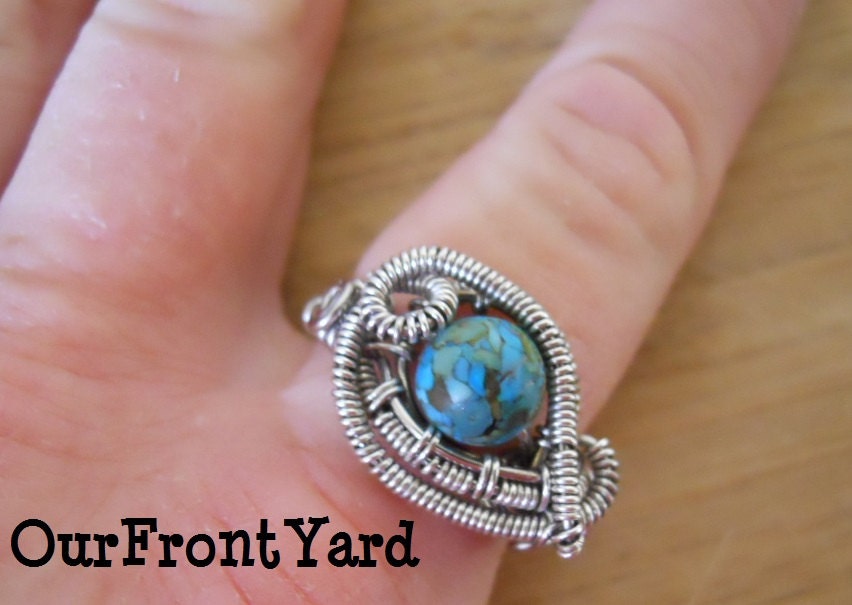 Mosaic Turquoise Ring Bead Wire Wrapped in Titanium Parawire Size 10