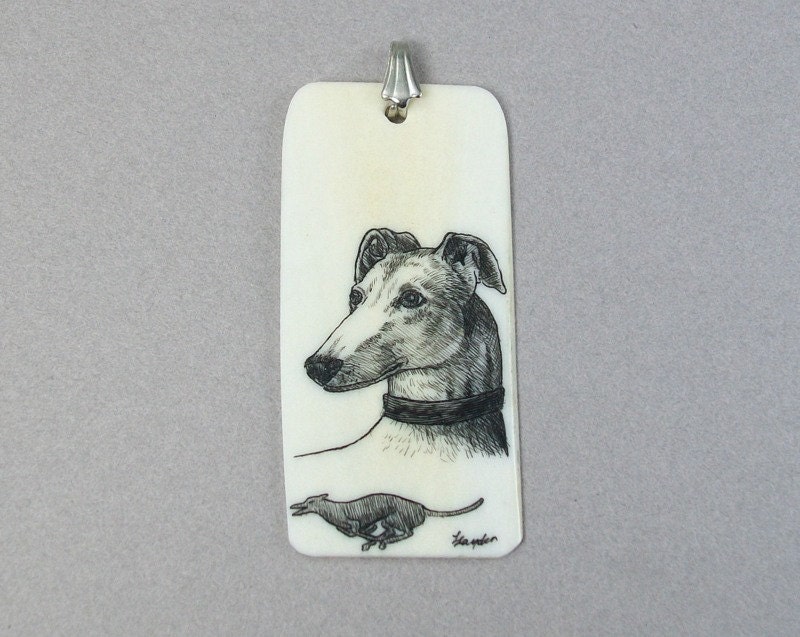 Scrimshaw Greyhound piano key pendant