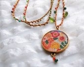 Crochet Necklace, Long Necklace with Roses Pendant - coral, pink and gold