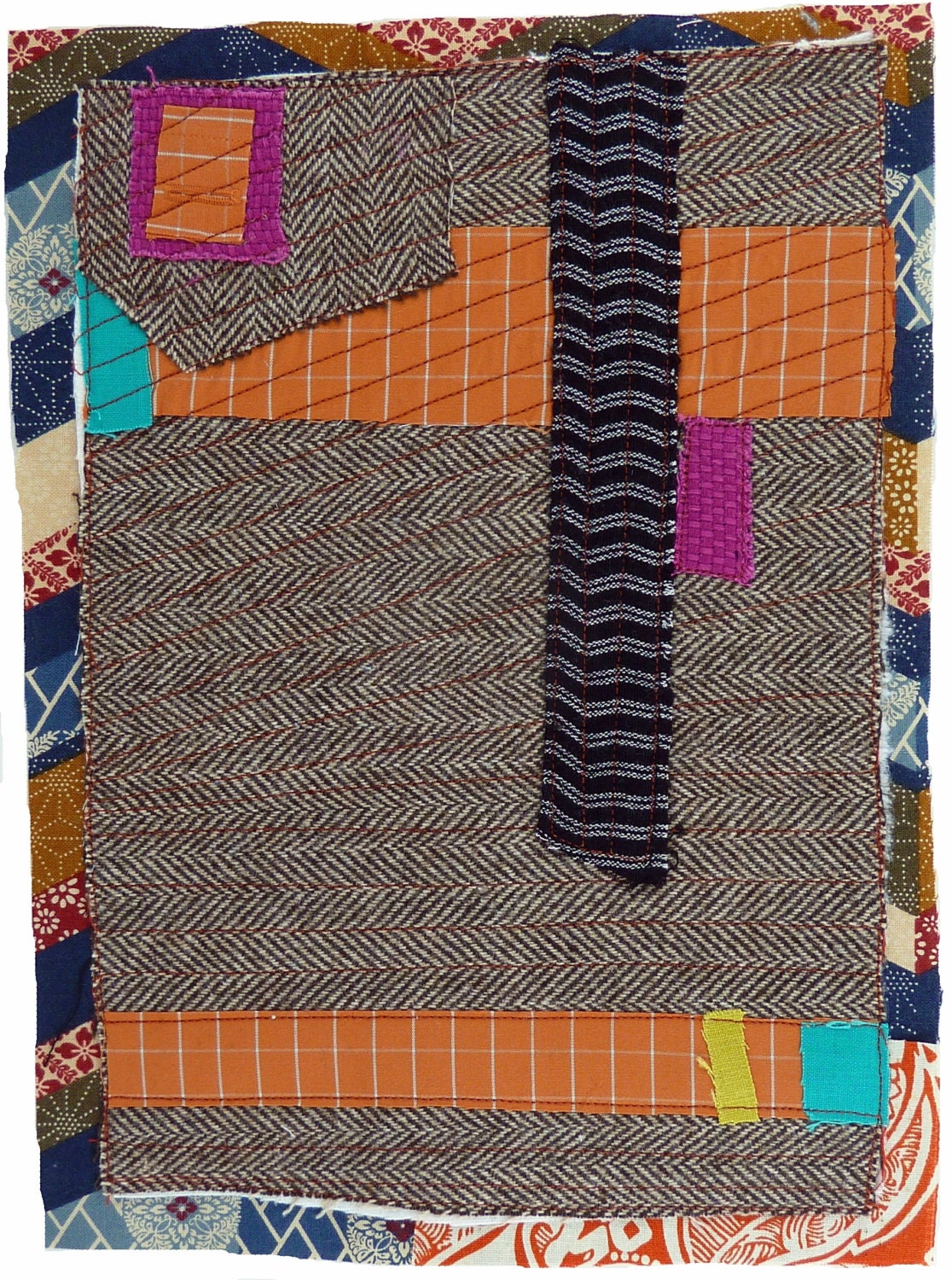 2.17.2013, small art quilt, contemporary, abstract, textile drawing, haiku, brown, orange, fuchsia, black, teal, indigo, citron, portrait