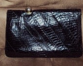 Genuine Black Snake Skin & Leather Clutch Envelope Handbag Large Reptile Purse Flap Bag Vintage Made in Spain