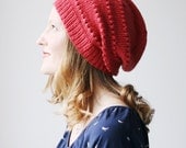 Slouchy beanie, red coral valentines merino wool knit hat -- Ledge Harbour slouch - darnitalltoheck