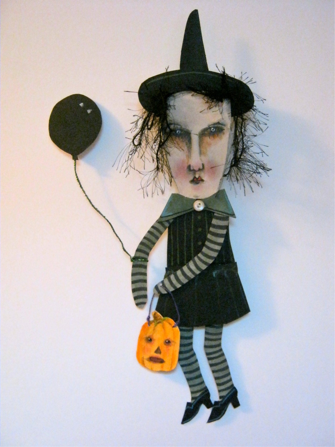 big Paper doll- Witch art Doll- original hand painted- original illustration- hand cut- articulated- pumpkin