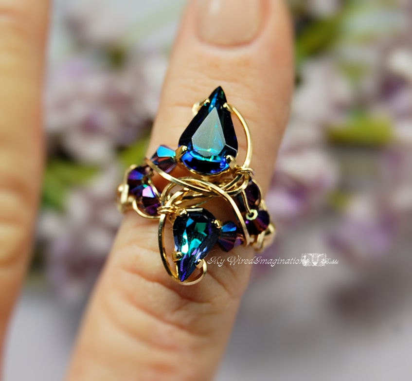 Deep Purples and Blues Vintage Crystal Heliotrope Handmade Wire Wrapped Ring Signature Design - Fine Jewelry