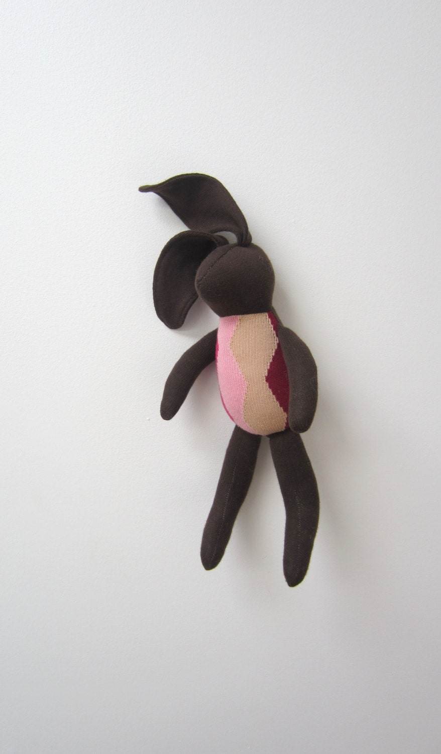 Small Bunny Rabbit hare doll upcycled cotton sweater chocolate Brown colorful argyle soft baby toddler Eco friendly toy bubynoa Best Friend