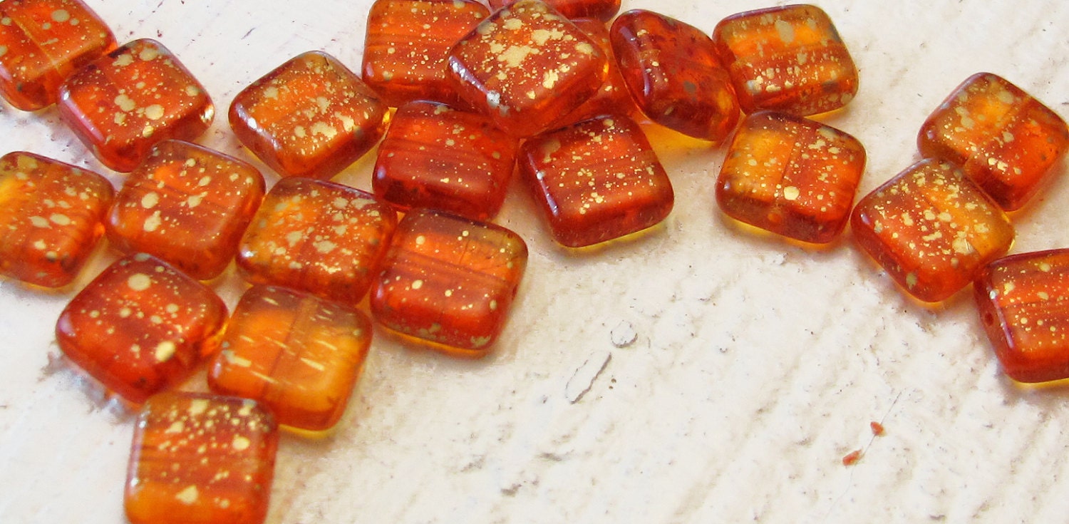 25 Gold flecked mandarin orange Czech glass beads, 9 x 3.5mm, Sunshine dust