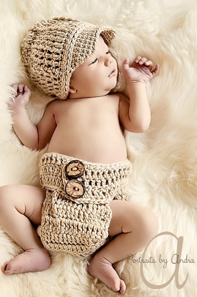 Baby Photo Prop Newsboy Hat &  Diaper Cover  - Newborn Baby  Photography Props - HAnd Crochet