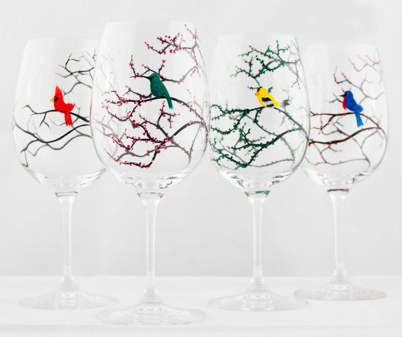 Seasonal Birds Wine Glasses - Cardinal, Bluebird, Yellow Finch and Hummingbird - 4 Piece Hand Painted Collection