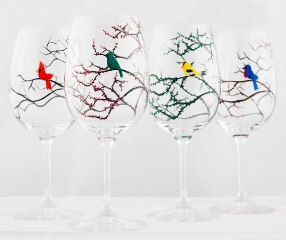 Seasonal Birds Wine Glasses - Cardinal, Bluebird, Yellow Finch and Hummingbird - 4 Piece Hand Painted Collection