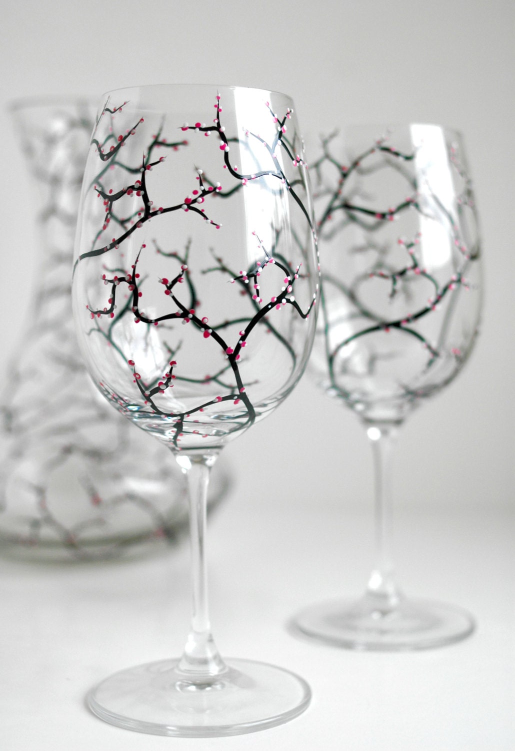 Spring Cherry Blossom Wine Glasses--Set of 4 Hand-Painted Glasses