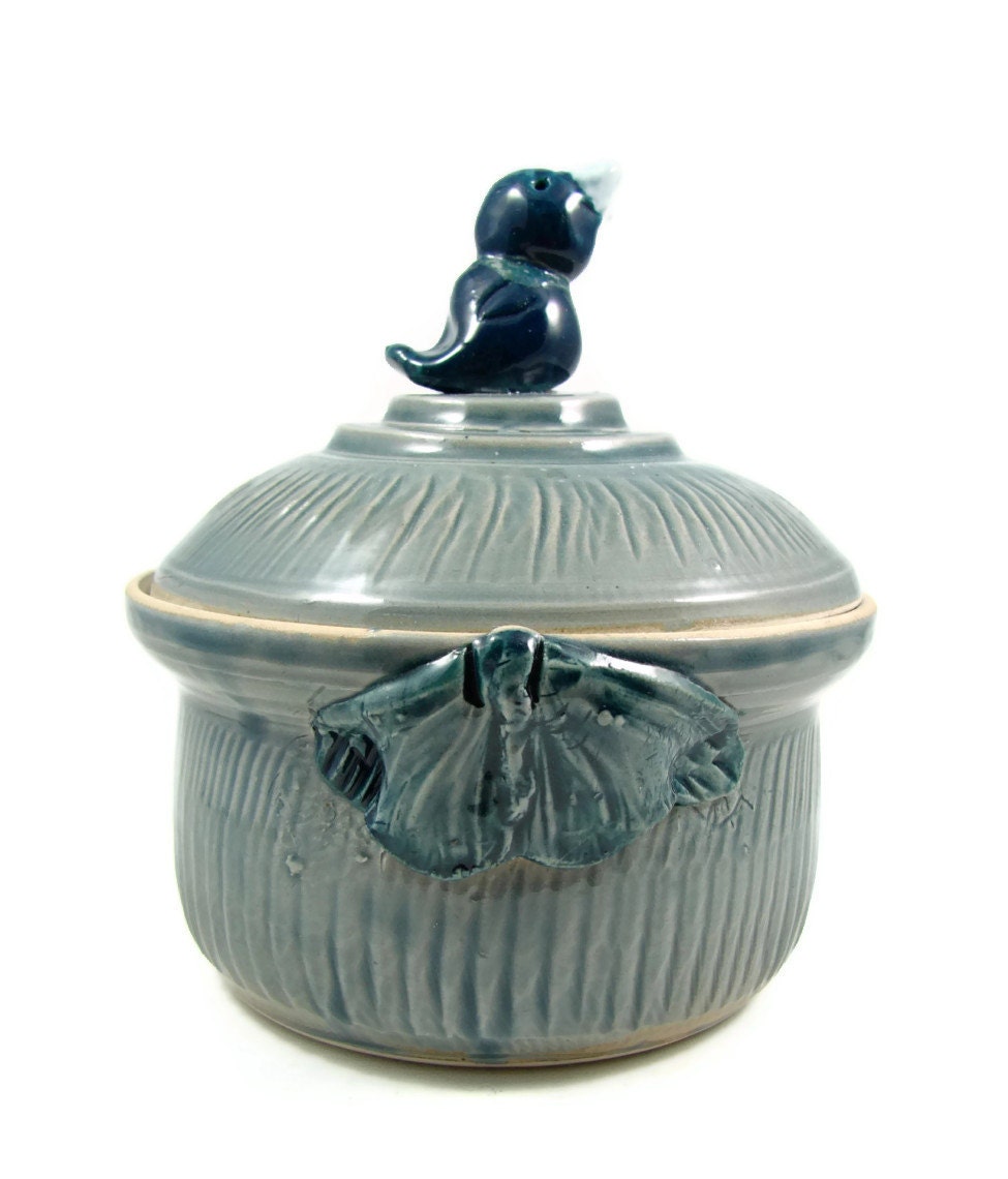 Porcelain Lidded Box with Bird and Butterflies - Pale Blue - Ready to Ship Today - Handmade Art -  Clay Pottery