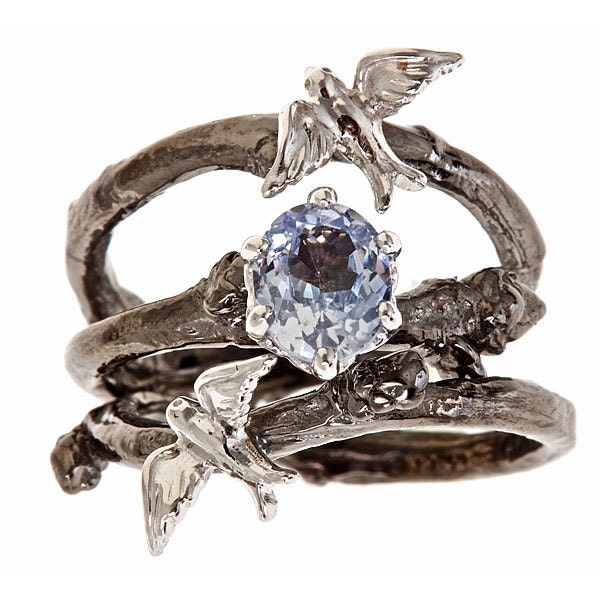 Bespoke Swallow Branch Engagement & Wedding Band Set Special Silver 925 with 14k Solid White gold Always Together Forever In Love