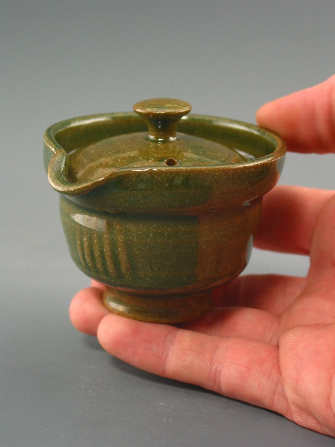 Shiboridashi Teapot (75 ml.),  iron-rich stoneware w/ celadon glaze.