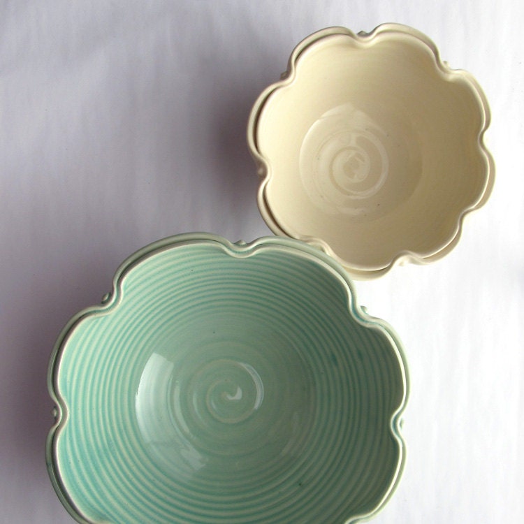 Set of Two Ruffle Bowls in Light Green Celadon and Cream