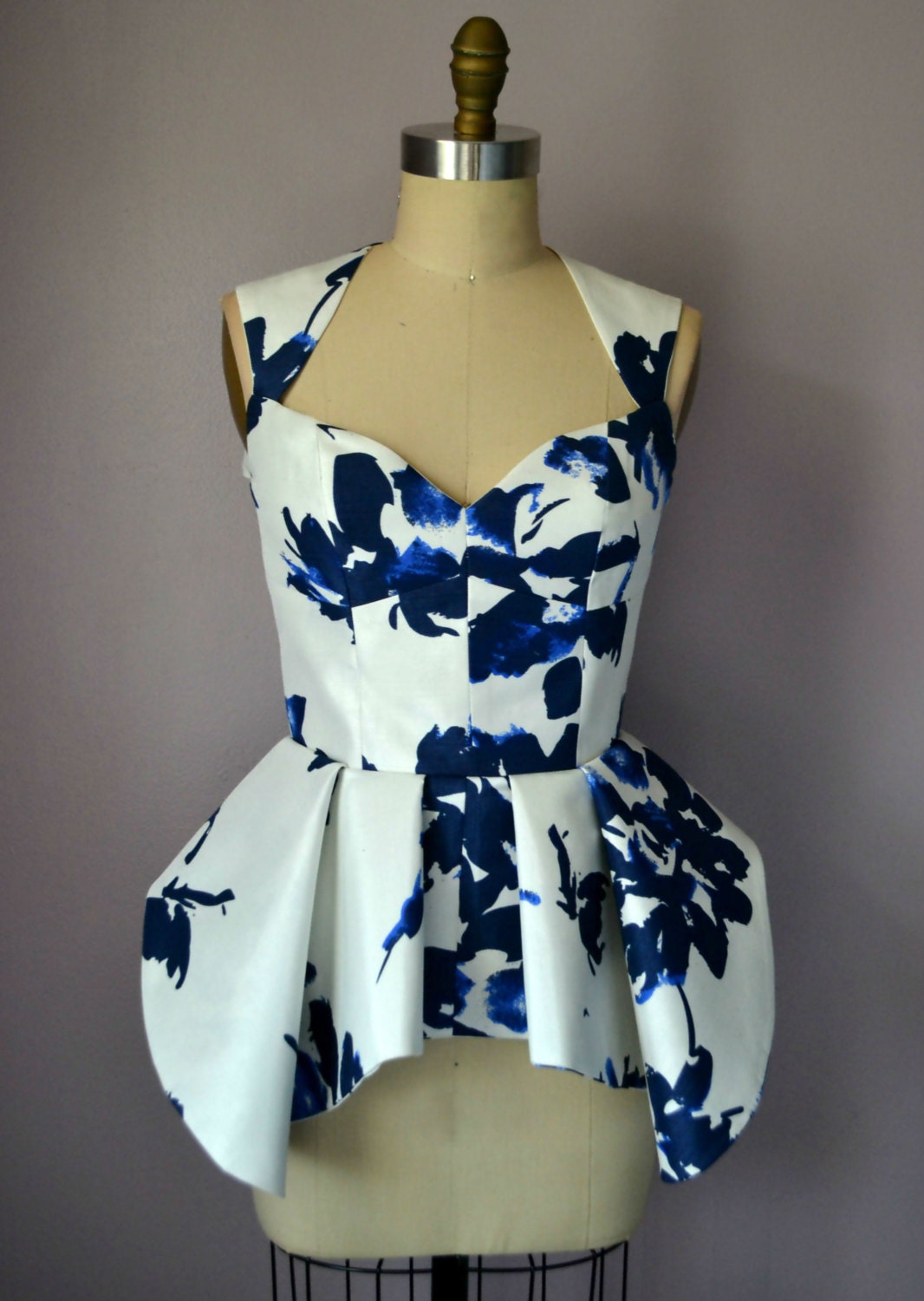 Blue And White Floral Print Peplum Top