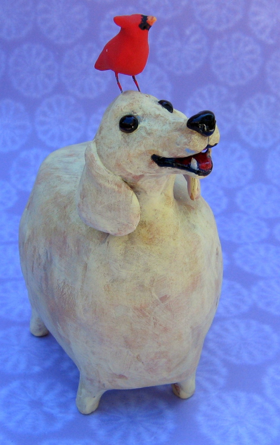 Fat yellow Labrador Retriever, Fat Yellow Dog Ceramic Sculpture, fat happy yellow dog with cardinal