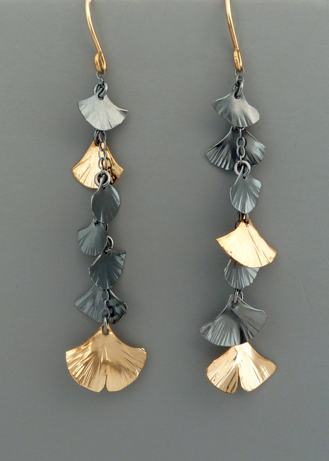 Black and gold ginkgo leaf cascade earrings, Rachel Wilder Handmade Jewelry