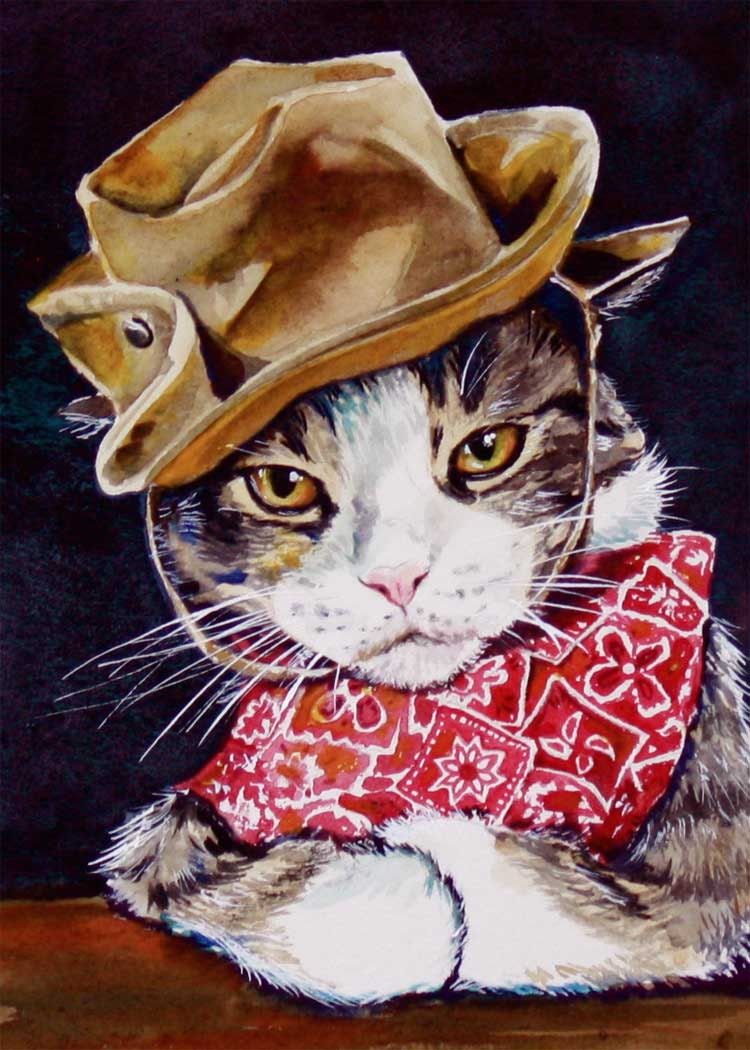 Cat wearing Hat and Bandana watercolour art print