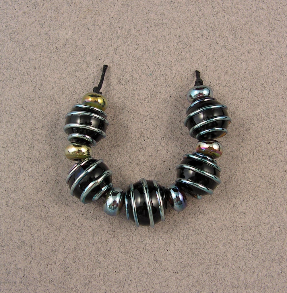 EVOLVING - Black Bling Coils w/ Spacers (11) - Lampwork Glass Beads by Shani Barrett SRA