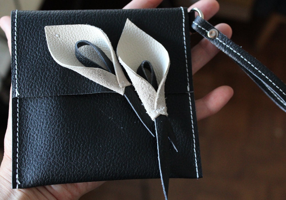 Upcycled leather wristlet, iphone case, with calla lily flowers