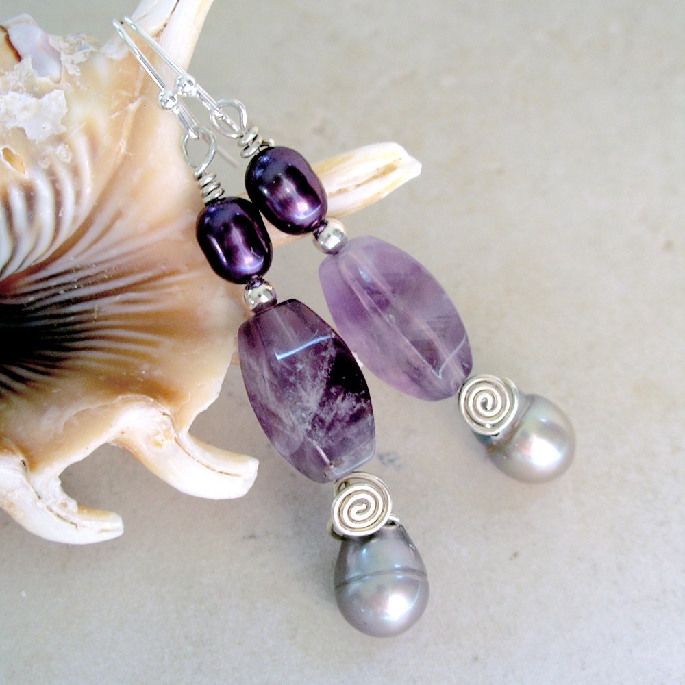 Amethyst, Pearl, Sterling Silver Earrings- Spring Lilacs
