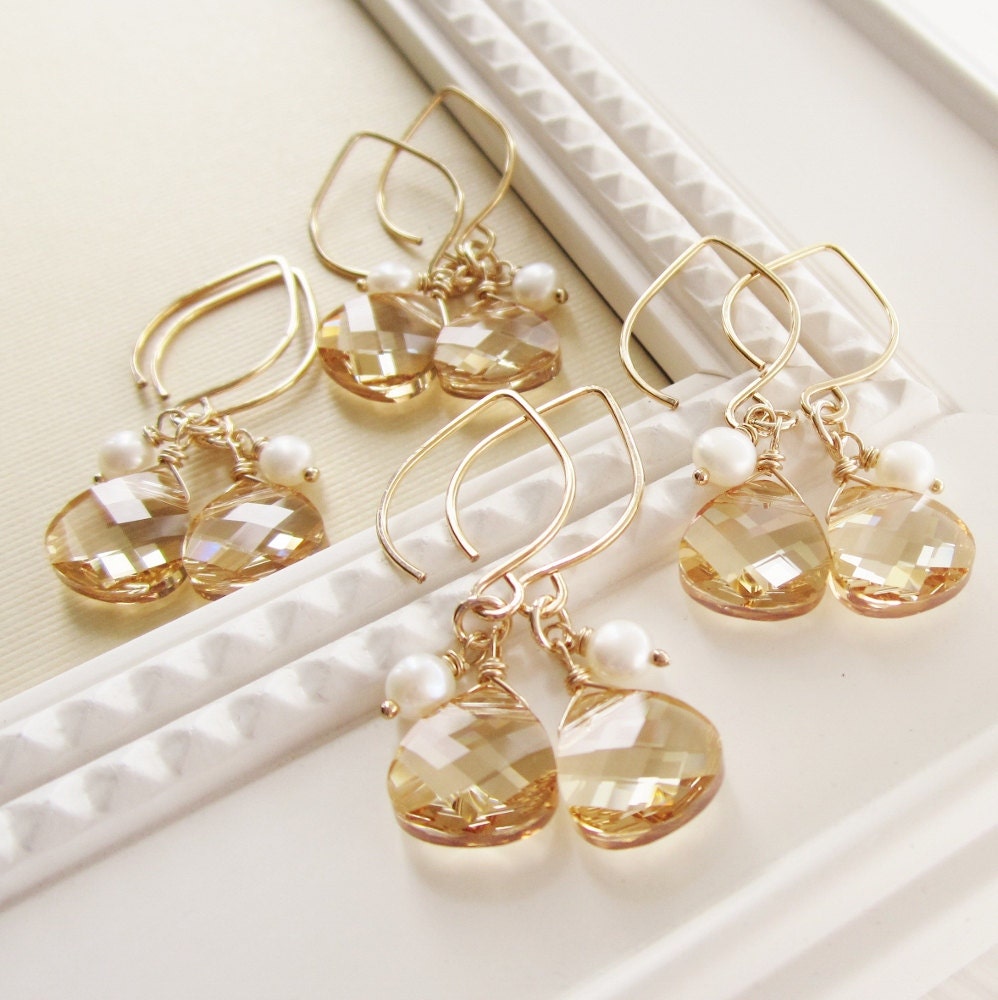 Bridesmaids earrings, Set of FOUR 4, bridesmaids jewelry, champagne earrings, bridesmaids gift set, crystal earrings, gold earrings