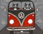 Red and Black VW Bus Cats Folk Art Digital Print