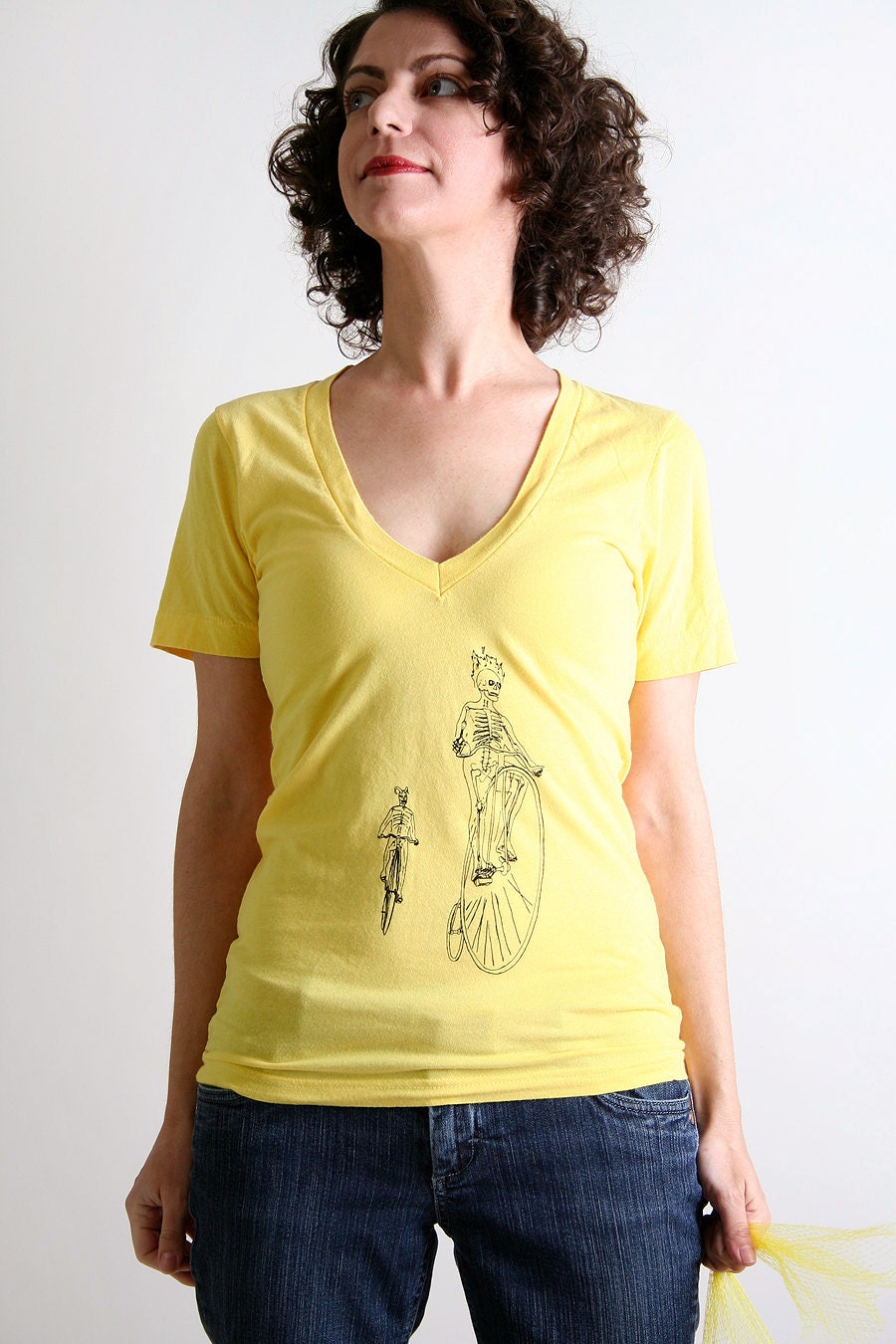 POISON PAWS - Screenprint Bike Shirt - Sunshine Yellow V-Neck T-Shirt - XS Small Bicycle