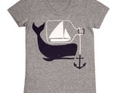 Ship in a Bottle - Womens Girls Nautical T-Shirt Tee Shirt Anchor Whale Sailing Boat Ship in a Bottle Rope Sailboat Navy Grey Tshirt