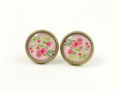 Pink Floral Stud Earrings - Floral Jewelry - Shabby Chic Jewelry - Pink Green Rose Earring Posts - Rose Jewelry