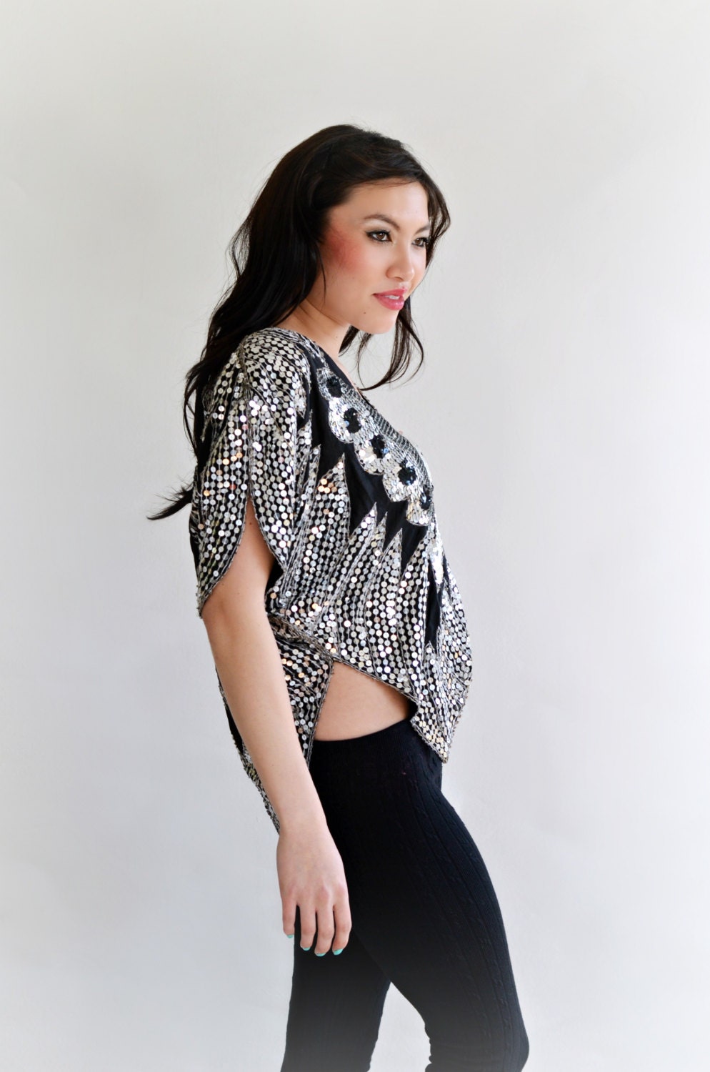 ON SALE SILVER Black Sequins Vintage 70s 80s Silk Beaded Butterfly Disco Top S M L New Old Stock