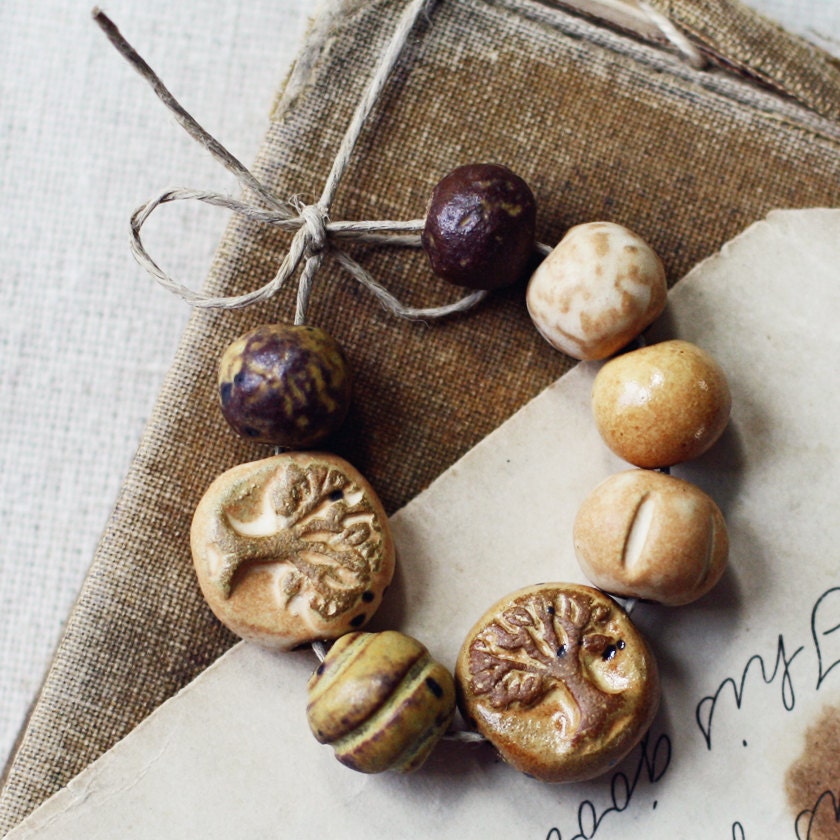 Golden Woods- Handmade ceramic bead set