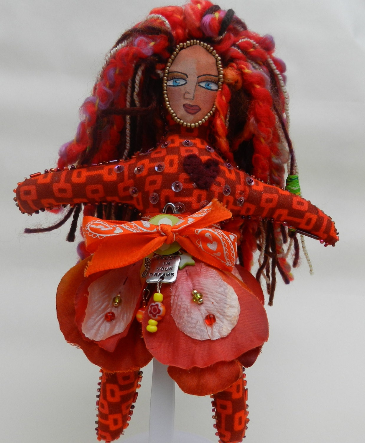 Tangerine Orange One of a Kind Cloth Art Doll, with red and gold
