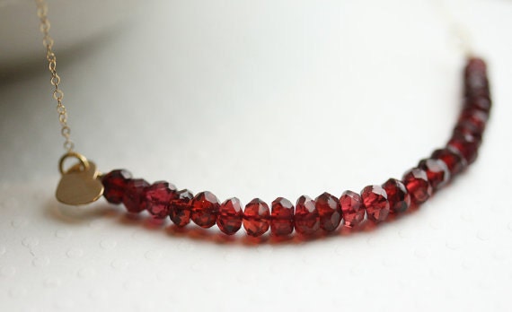 Initial Heart and Red Garnet Gold Charm Necklace - Faceted Genuine Red Garnet Valentine Necklace with Personalized Love Charm