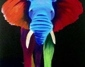 11x14 Elephant multicolor rainbow animal mammoth red original acrylic wrap around canvas green blue white