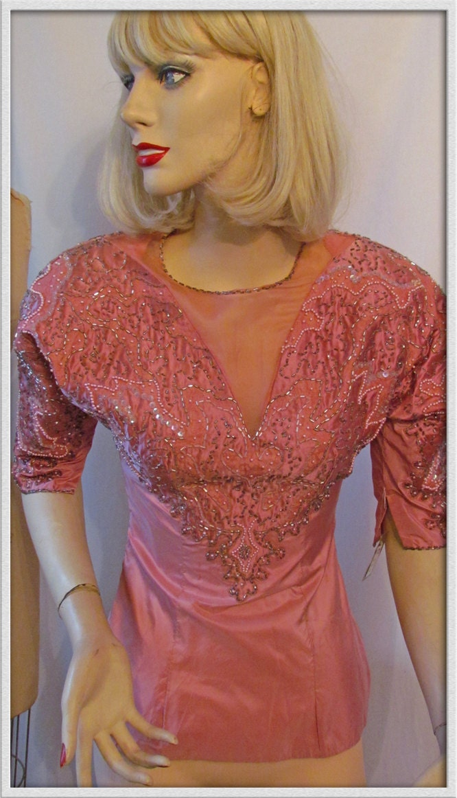 PRETTY pink BEADED Vintage peek a BOO sequin beaded Top deadstock never worn