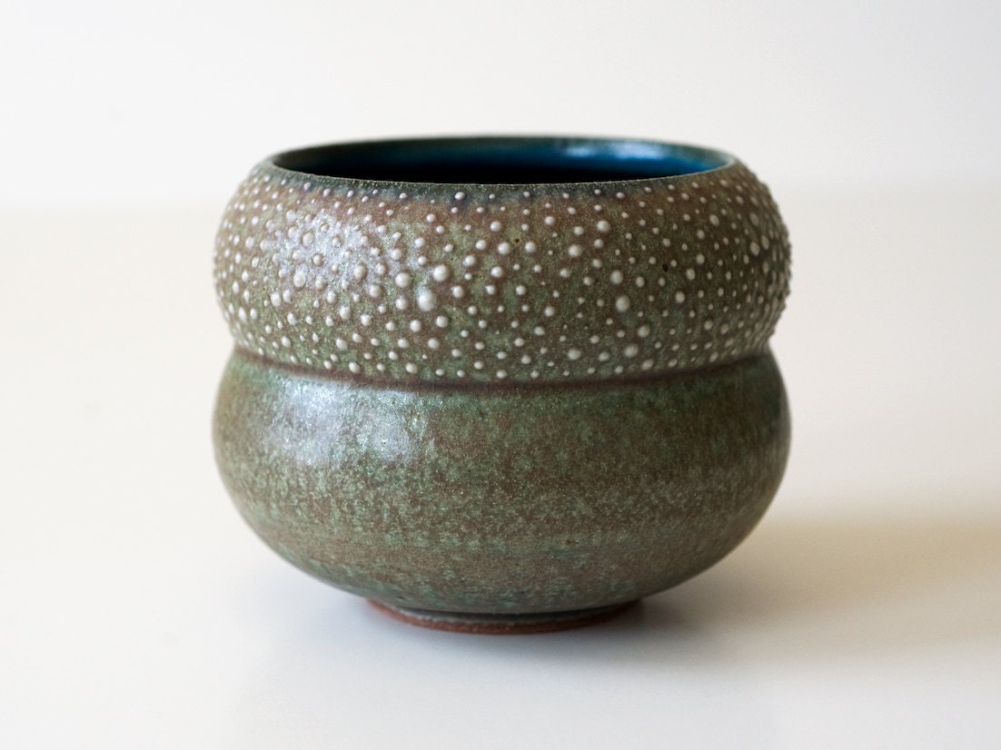 Stoneware Pottery, Turquoise with White Spotted Detailing