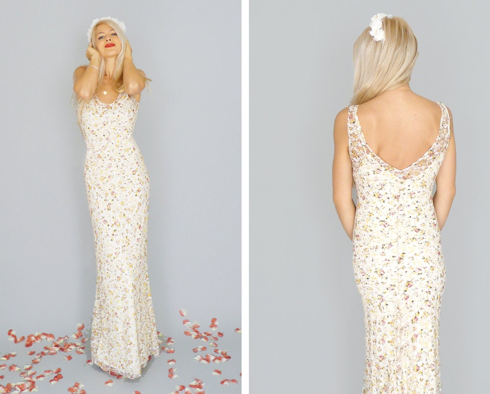 Isobel: Floor length boho hippie floral vintage lace sheath gown with flare