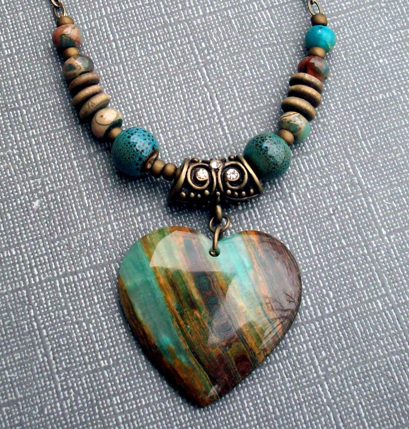 Stone Heart Pendant Necklace Multi Color Agate with Matching Beads