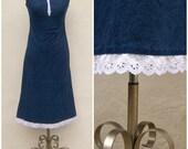 vintage 70s denim sundress // praire dress // white cotton fringe // small
