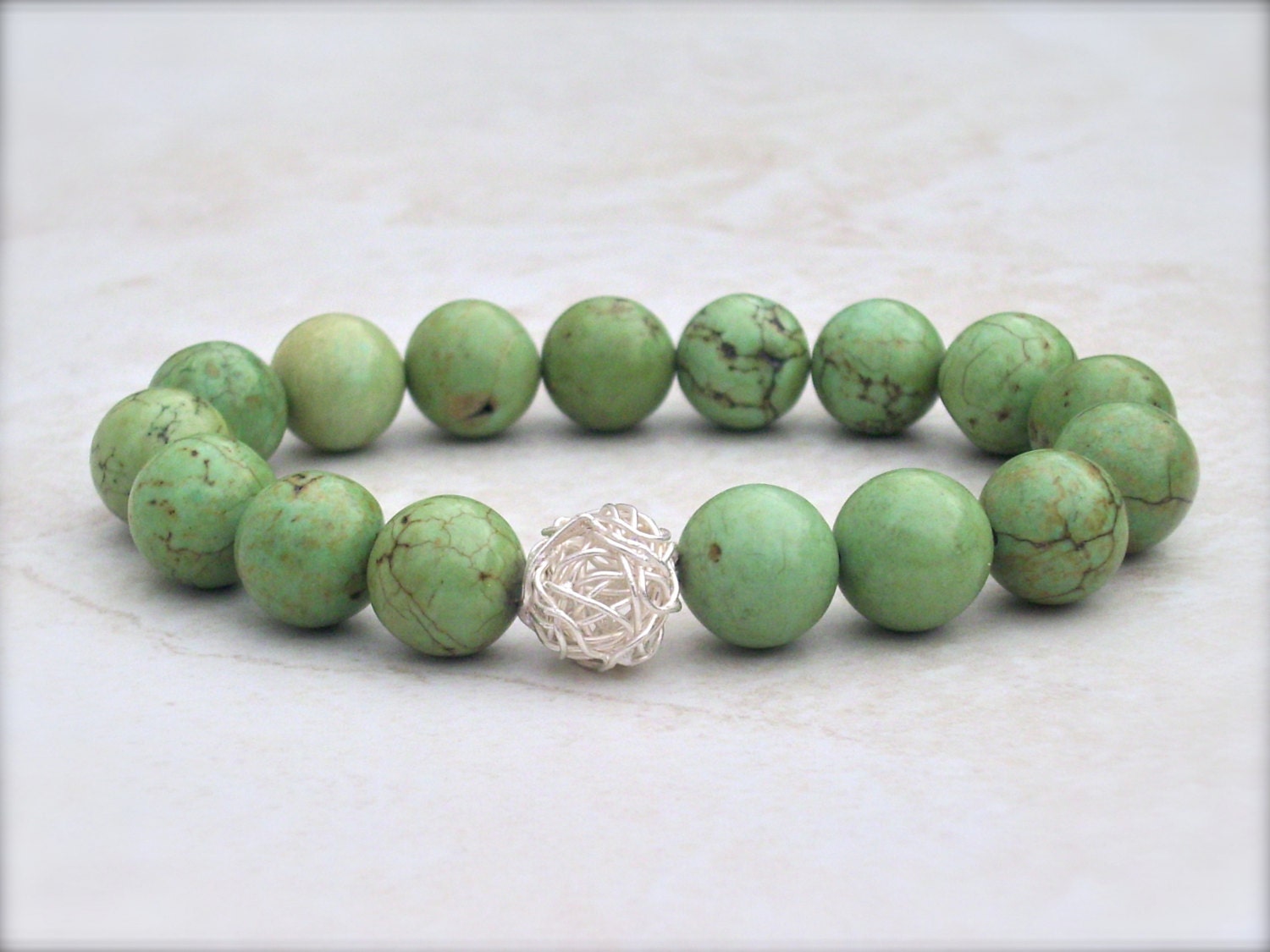 Green turquoise bracelet sterling silver, December birthstone, round, unique artisan jewelry