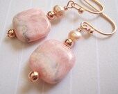 Natural pink rhodochrosite, fresh water pearls, gold earrings, rose gold elegant chic stylish earrings for women girls bridesmaids gift