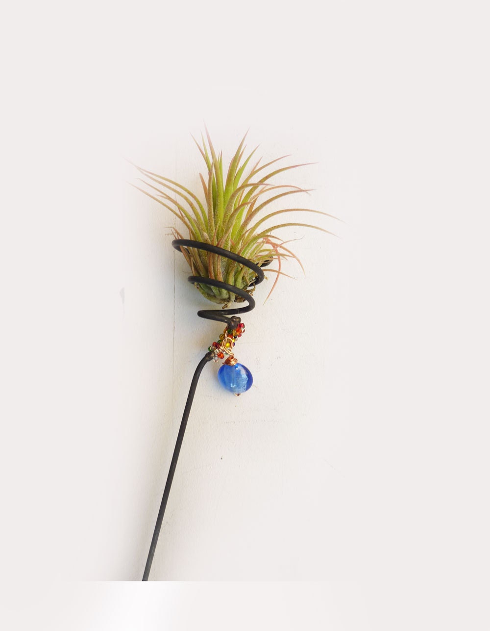 Tall Wire Air Plant Holder- Beaded stake with blue glass bead