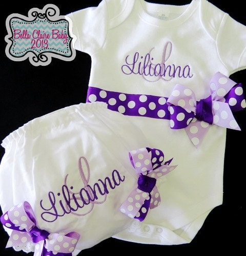 Personalized bodysuit onesie and bloomers set for baby girls toddler- Initial Number Embroidery Custom Order Purple Lavender Polka Dot Bows
