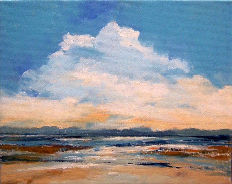 oil painting landscape painting, original oil, "PEACE", 100% charity donation, canvas, stretched, 8x10 clouds, beach, ocean