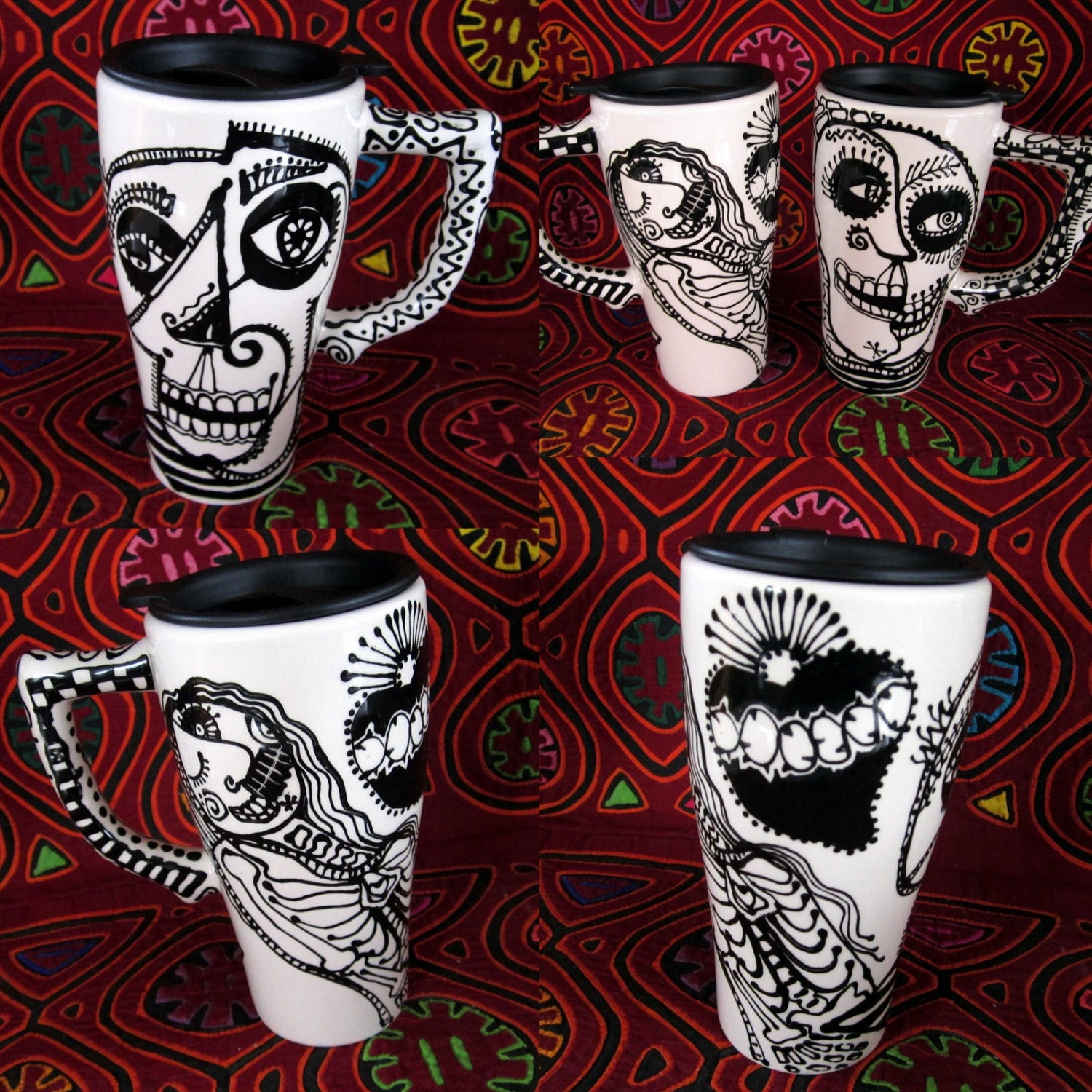 Custom Pablo Picasso Skull 16 oz Travel Mug Handpainted Cubist Design for Day of the Dead and Beyond